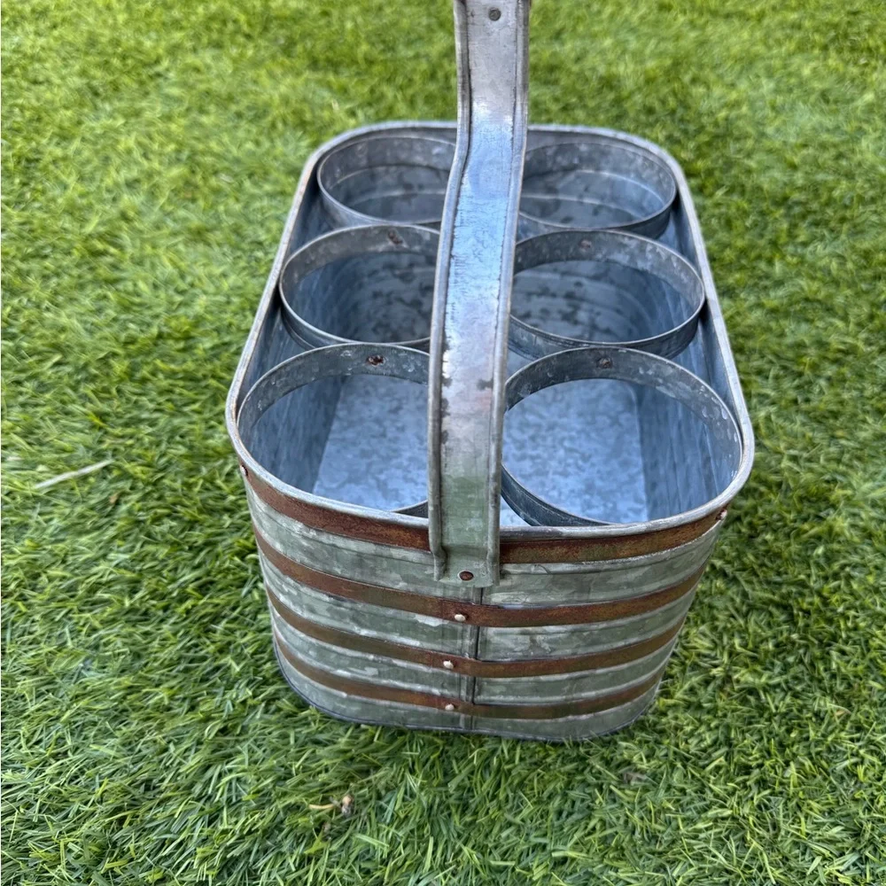 Galvanized Metal 6-Bottle Caddy/Carrier with Wood Handle
